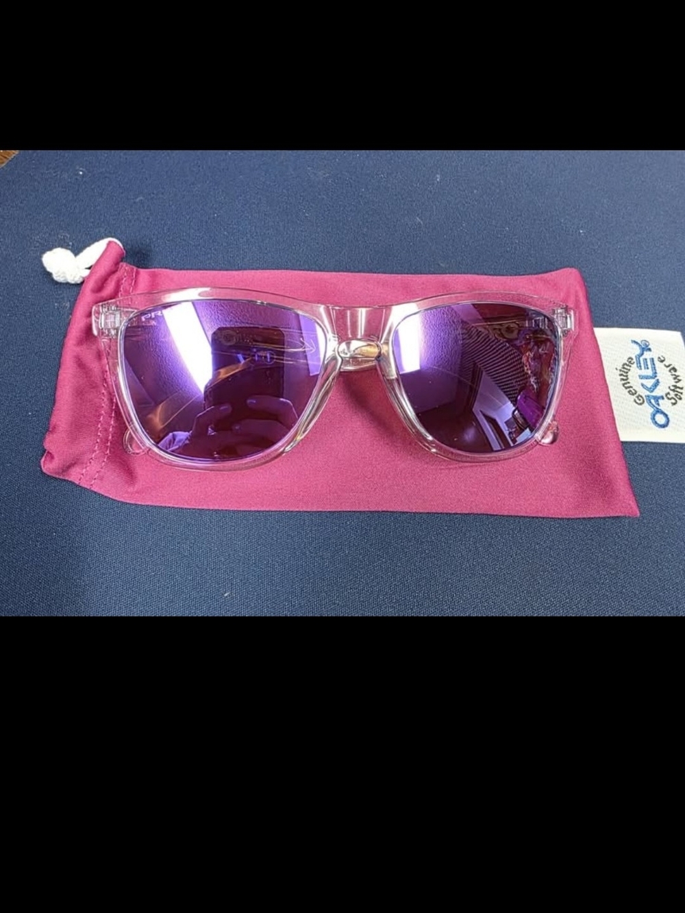 Oakley Clear Frame Frogskins Sunglasses with Purple Mirrored Prizm Lenses